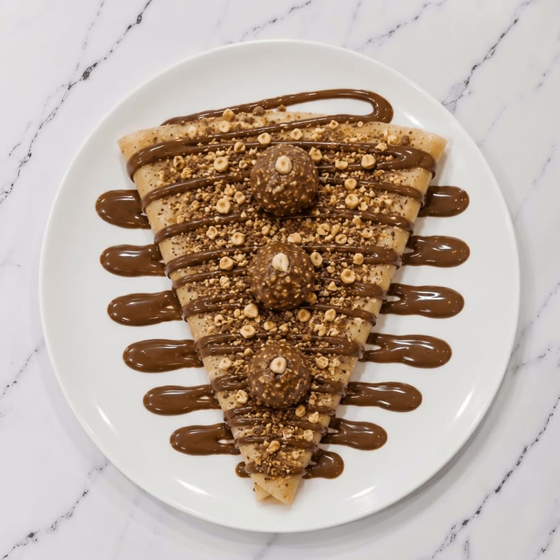 A folded crepe drizzled with chocolate sauce, topped with chopped nuts and three chocolate truffles.