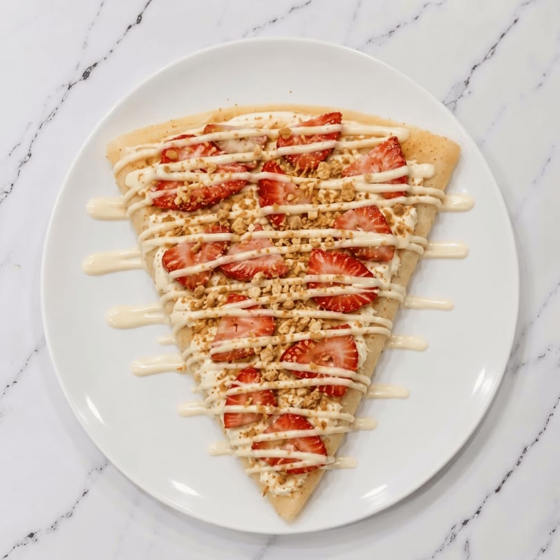 A triangular crepe filled with cream, sliced strawberries, and cookie crumbles, drizzled with white sauce.
