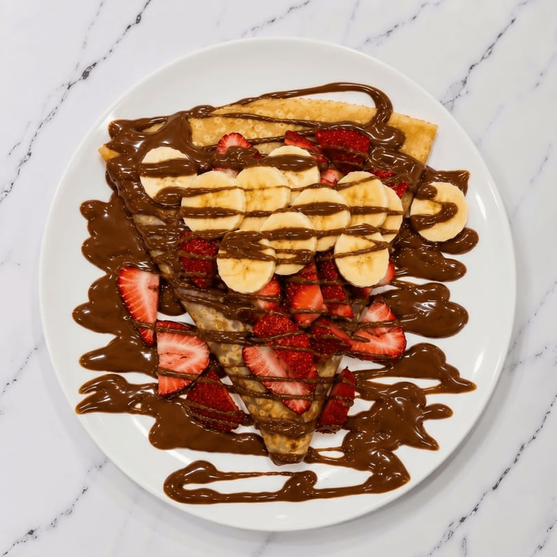 A folded crepe drizzled with chocolate sauce, topped with sliced bananas and strawberries on a white plate.