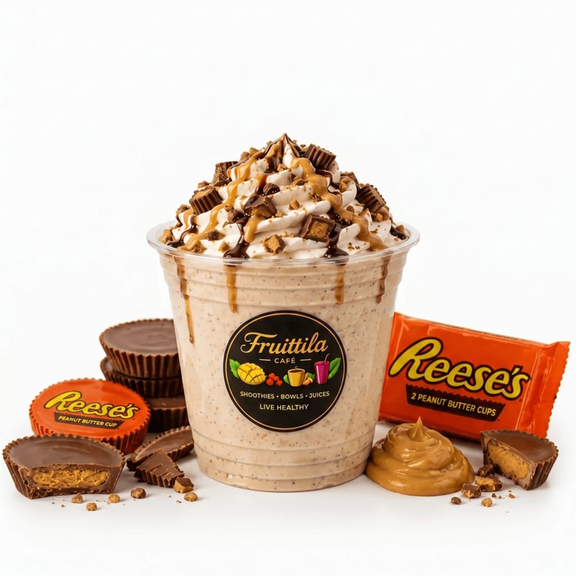 Fruittila Cafe's Reese's peanut butter cup smoothie with whipped cream, caramel, and chocolate drizzle.
